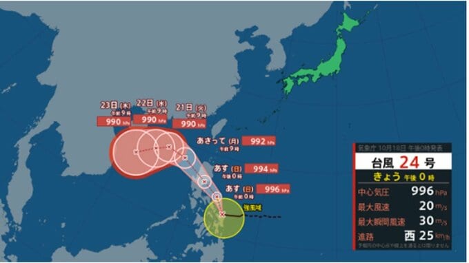 【台風情報】台風24号(フンシェン)　今後の勢力と進路を気象庁発表データで詳しく見る　最大瞬間風速40メートル予報　日本方面には向かわず　全国の天気を画像で　気象庁|TBS NEWS DIG