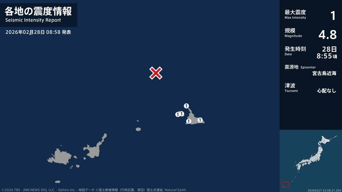 沖縄県で最大震度1の地震　沖縄県・宮古島市|TBS NEWS DIG