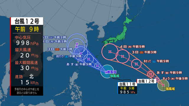 【台風情報】台風11号進路予想　31日から9月2日にかけて強い勢力で沖縄に接近か　台風12号も発生　強風域伴って西北西へ（31日正午更新)|TBS NEWS DIG