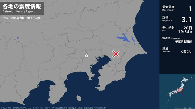 東京で最大震度1 千葉県北西部が震源 マグニチュード3.1の地震 津波の心配なし【地震情報】　|　静岡のニュース | SBSNEWS | 静岡放送