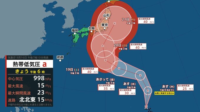 【台風情報】シルバーウィークの天気は？熱帯低気圧は12時間以内に台風に発達し日本列島に接近か　最大瞬間風速40m/s予想　進路図、雨風シミュレーション、全国の天気予想を画像で見る　|　山形のニュース│TUYテレビユー山形