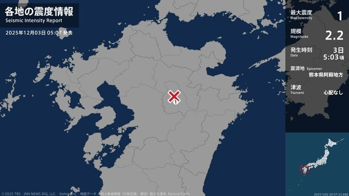 熊本県で最大震度1の地震　熊本県・阿蘇市|TBS NEWS DIG