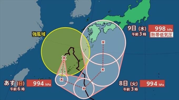 【台風情報】台風24号　南西諸島付近を南下　前線は６日～７日にかけ、ゆっくり北上へ　大雨が続き、東日本～西日本の太平洋側を中心に総雨量が多くなる可能性も【進路予想・積算降水量予測】　|　山梨のニュース | ＵＴＹテレビ山梨