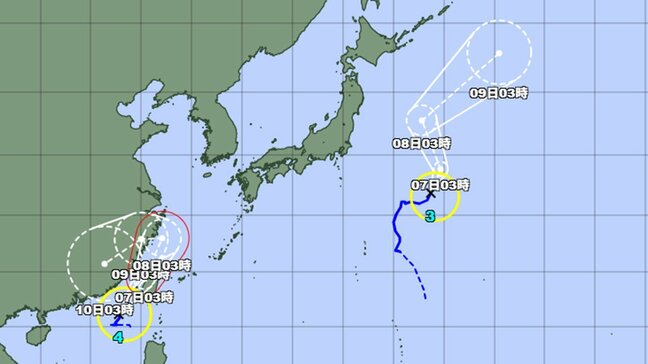 【台風情報】ダブル台風…台風3号・台風4号の今後の進路と勢力は 3号は瞬間風速35メートルまで発達、4号はこのあと瞬間風速45メートルまで発達 気象庁|TBS NEWS DIG