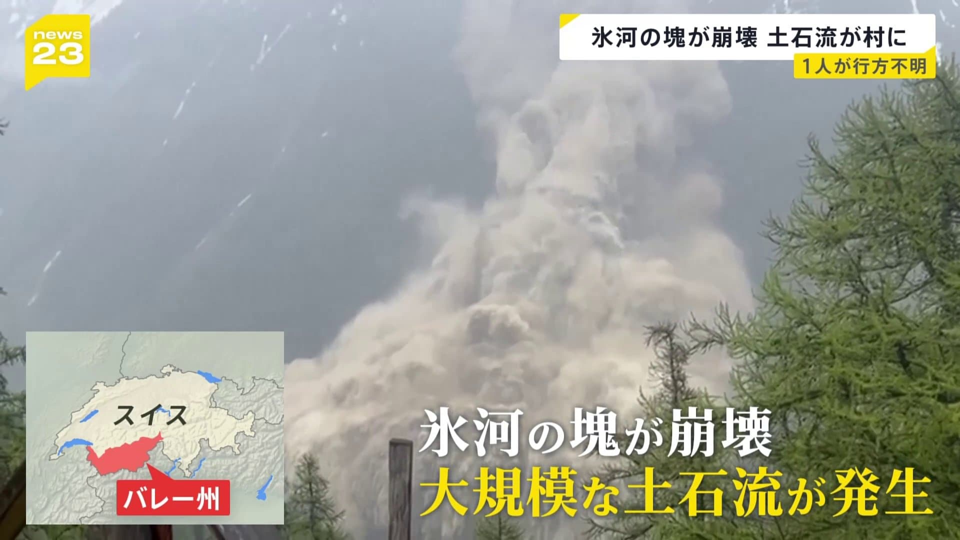 スイス南部アルプス山脈で氷河の塊が崩壊し大規模な土石流が発生