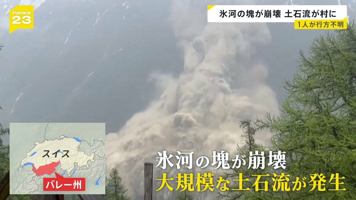 スイス南部アルプス山脈で氷河の塊が崩壊し大規模な土石流が発生