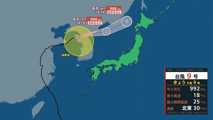 【台風情報】台風9号は黄海を北東に進む　15日午前には温帯低気圧に変わる見込み　台風11号は…|TBS NEWS DIG
