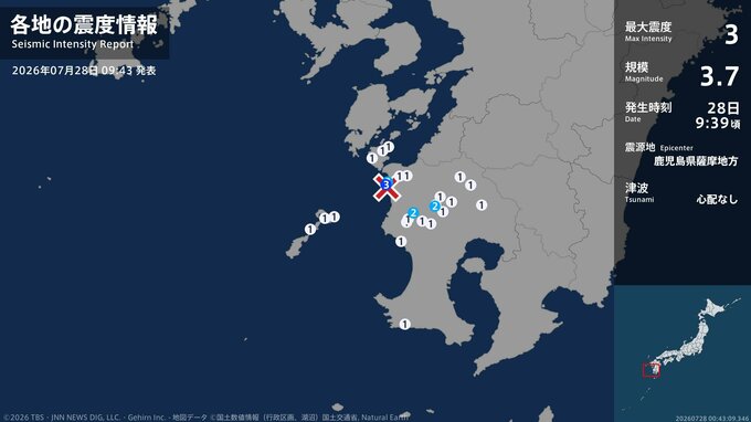 鹿児島県で最大震度3の地震　鹿児島県・阿久根市|TBS NEWS DIG